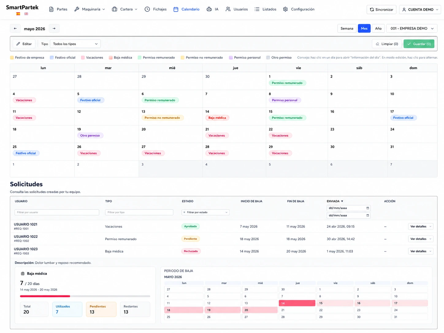 SmartPartek time tracking web dashboard
